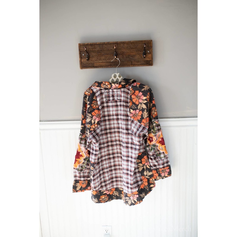 Free People Black & White Plaid Button-Down with Floral Patchwork - Picture 4 of 5